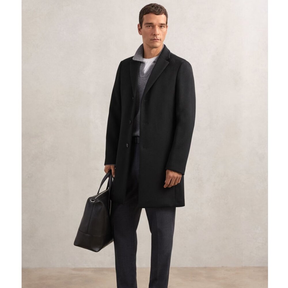 Reiss Gable Wool-Blend Single-Breasted Overcoat in Black Winter Coat Size L Men